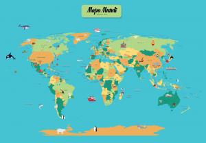 Mapa Digital Mundi Infantil Ilustrado com fundo Azul - Países