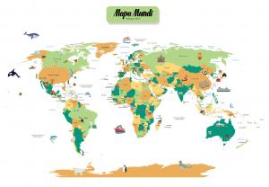 Mapa Mundi Infantil Ilustrado  com fundo branco - Países  98 cm (comprimento) x 67 cm (altura)    